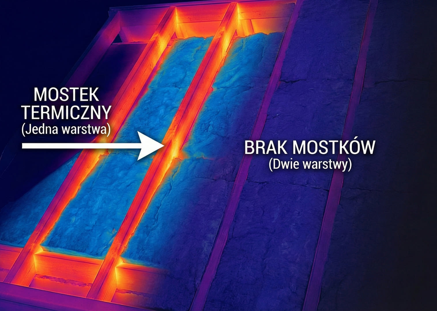 Przekrój izolacji poddasza: wełna między krokwiami i pod krokwiami - eliminacja mostków termicznych